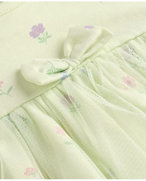 Babyhug 100% Cotton Knit Half Puffed Sleeves Floral Printed Frock Style Onesie with Headband & Bow Applique - Lime Green