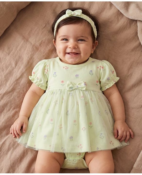 Babyhug 100% Cotton Knit Half Puffed Sleeves Floral Printed Frock Style Onesie with Headband & Bow Applique - Lime Green
