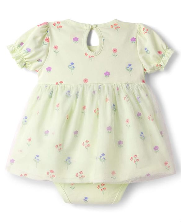 Babyhug 100% Cotton Knit Half Puffed Sleeves Floral Printed Frock Style Onesie with Headband & Bow Applique - Lime Green