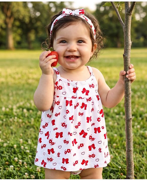 Babyhug 100% Cotton Knit Sleeveless Frock Style Onesie with Hairband & Floral Print - White