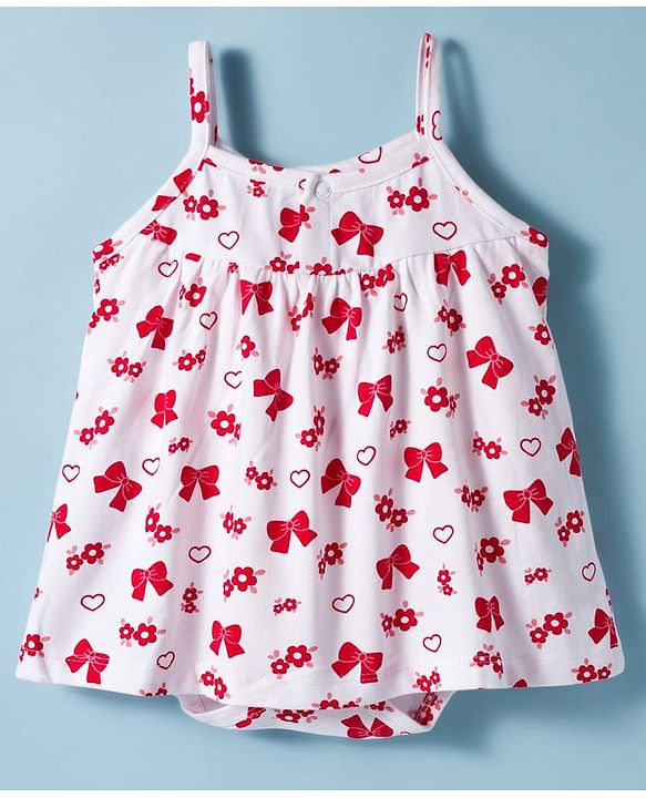 Babyhug 100% Cotton Knit Sleeveless Frock Style Onesie with Hairband & Floral Print - White