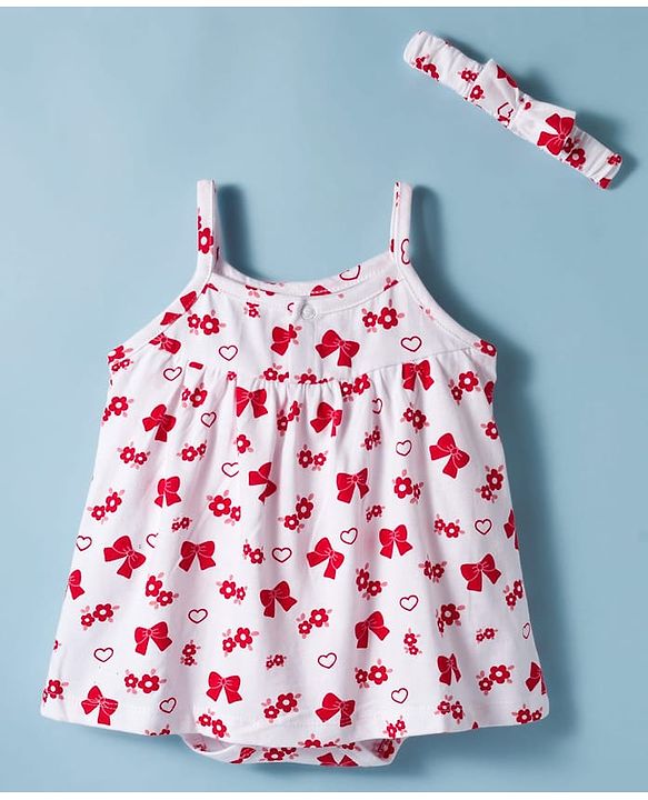 Babyhug 100% Cotton Knit Sleeveless Frock Style Onesie with Hairband & Floral Print - White