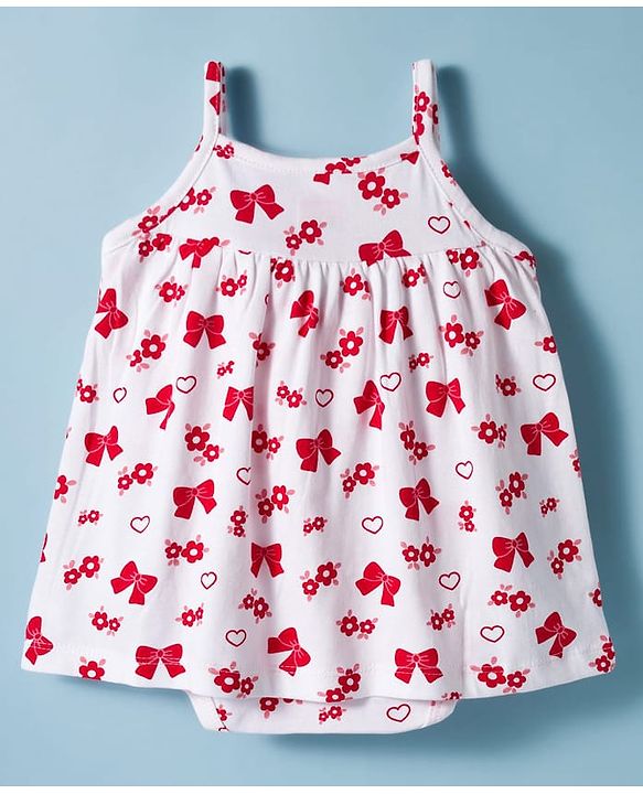 Babyhug 100% Cotton Knit Sleeveless Frock Style Onesie with Hairband & Floral Print - White