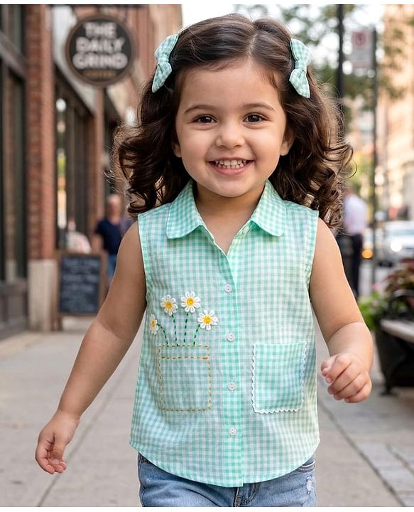 Babyhug Cotton Seer Sucker Woven Sleeveless Checkered Top with Crochet Flowers - Light Blue & White