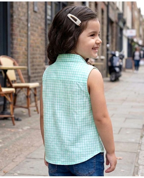Babyhug Cotton Seer Sucker Woven Sleeveless Checkered Top with Crochet Flowers - Light Blue & White
