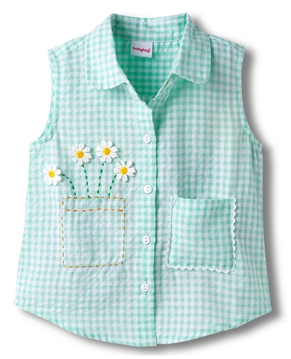 Babyhug Cotton Seer Sucker Woven Sleeveless Checkered Top with Crochet Flowers - Light Blue & White