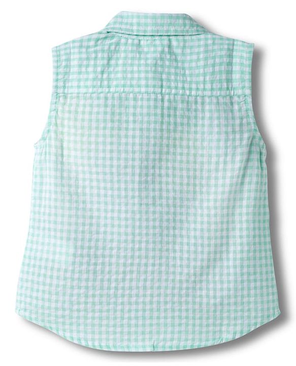 Babyhug Cotton Seer Sucker Woven Sleeveless Checkered Top with Crochet Flowers - Light Blue & White