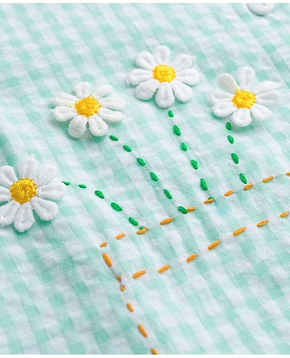 Babyhug Cotton Seer Sucker Woven Sleeveless Checkered Top with Crochet Flowers - Light Blue & White