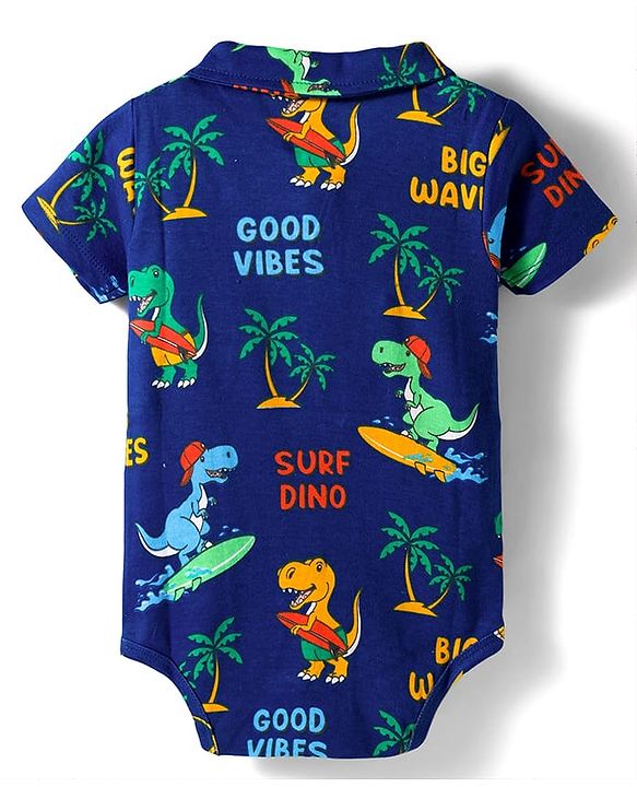 Babyhug 100% Cotton Knit Half Sleeves Dino Printed Onesie - Navy Blue