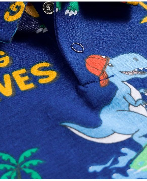 Babyhug 100% Cotton Knit Half Sleeves Dino Printed Onesie - Navy Blue