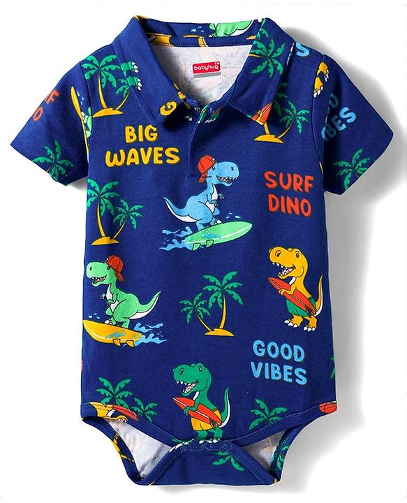 Babyhug 100% Cotton Knit Half Sleeves Dino Printed Onesie - Navy Blue
