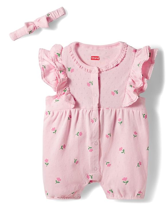 Babyhug 100% Cotton Knit Frill Sleeves Floral Printed Romper with Hairband - Pink