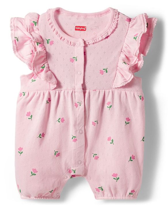 Babyhug 100% Cotton Knit Frill Sleeves Floral Printed Romper with Hairband - Pink