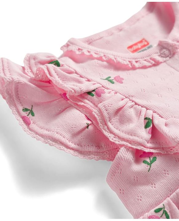 Babyhug 100% Cotton Knit Frill Sleeves Floral Printed Romper with Hairband - Pink