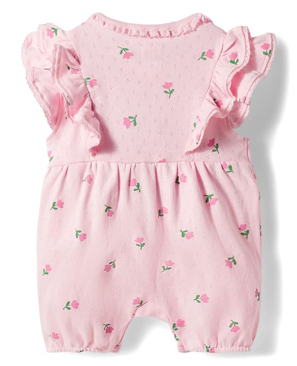 Babyhug 100% Cotton Knit Frill Sleeves Floral Printed Romper with Hairband - Pink