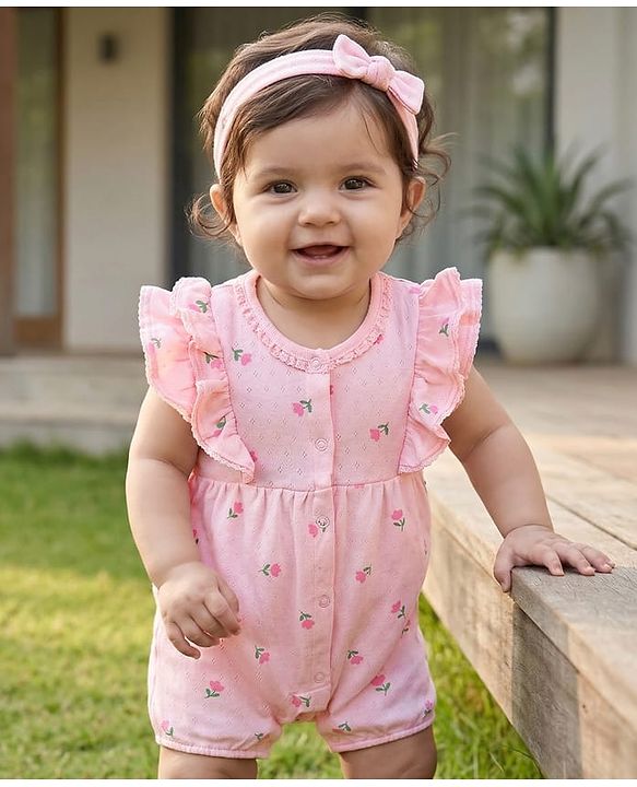 Babyhug 100% Cotton Knit Frill Sleeves Floral Printed Romper with Hairband - Pink