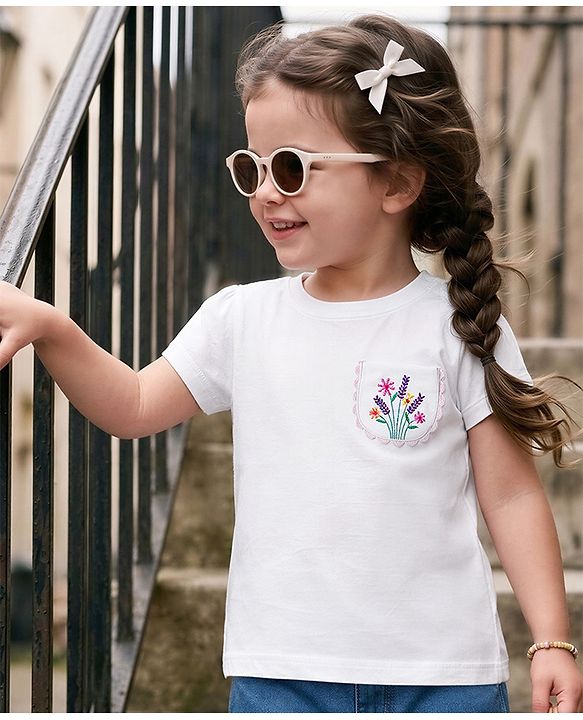 Babyhug 100% Cotton Knit Half Sleeves Floral Embroidered T-Shirt - White