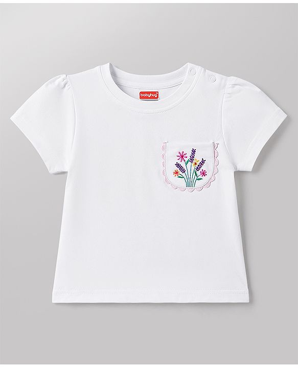 Babyhug 100% Cotton Knit Half Sleeves Floral Embroidered T-Shirt - White
