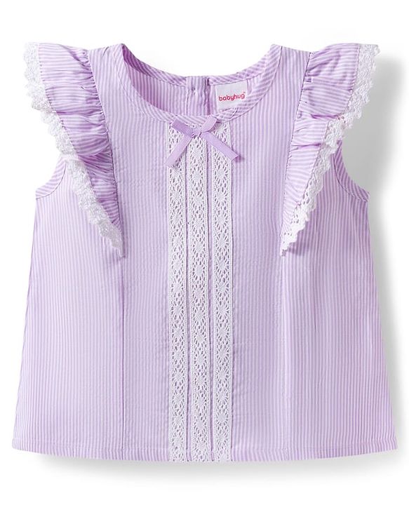 Babyhug Cotton Woven Sleeveless Striped Top with Lace & Frill Detailing - Lilac
