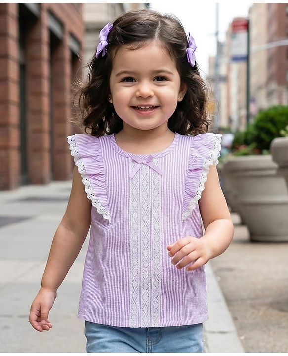 Babyhug Cotton Woven Sleeveless Striped Top with Lace & Frill Detailing - Lilac