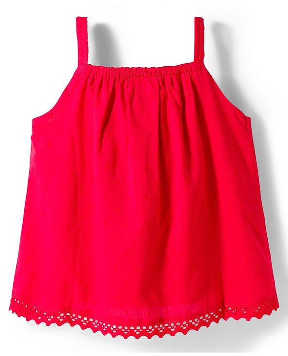 Babyhug 100% Cotton Dobby Woven Sleeveless Top with Floral Embroidery - Red