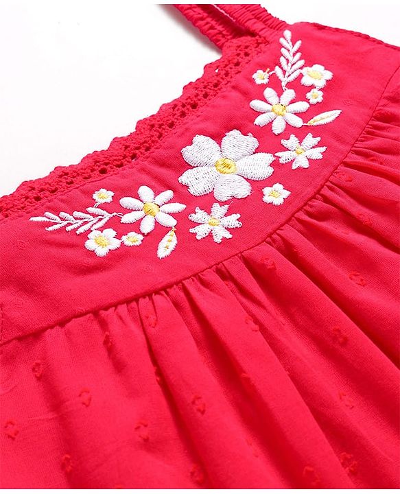 Babyhug 100% Cotton Dobby Woven Sleeveless Top with Floral Embroidery - Red