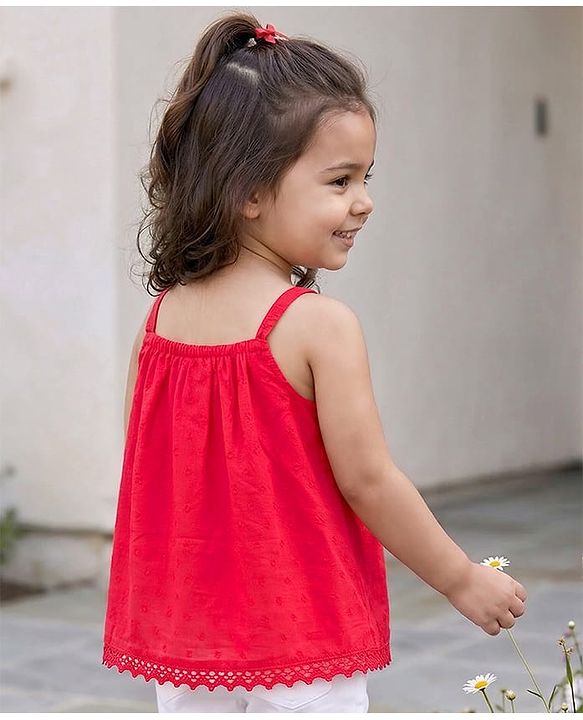 Babyhug 100% Cotton Dobby Woven Sleeveless Top with Floral Embroidery - Red