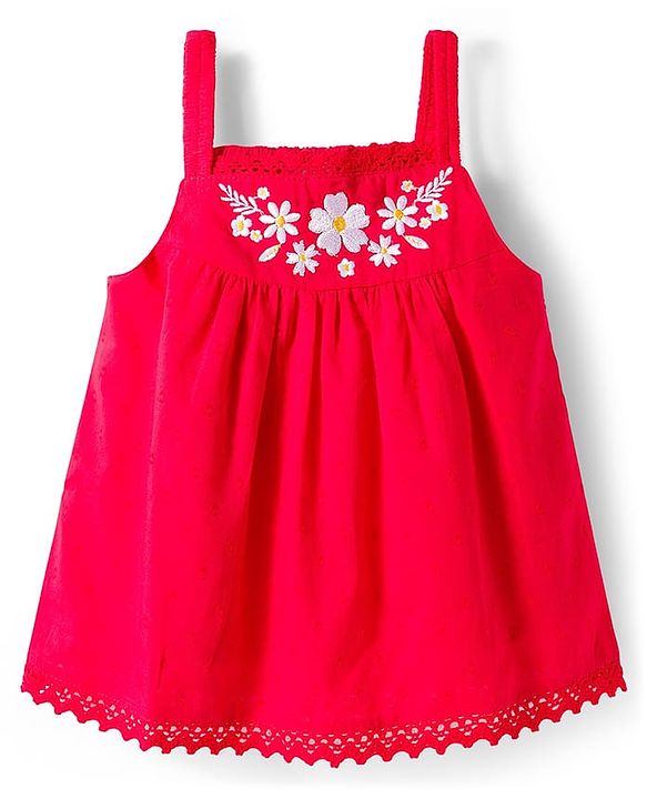 Babyhug 100% Cotton Dobby Woven Sleeveless Top with Floral Embroidery - Red