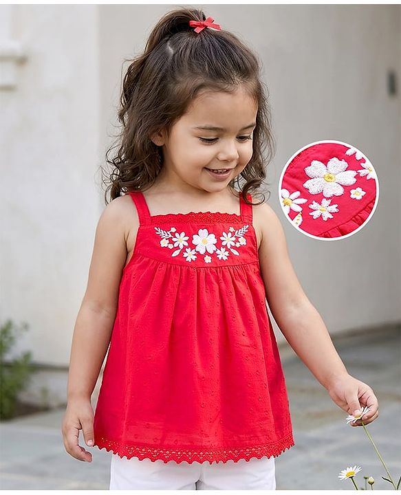 Babyhug 100% Cotton Dobby Woven Sleeveless Top with Floral Embroidery - Red