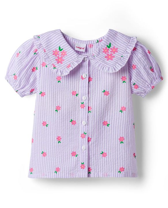 Babyhug Seer-Sucker Woven Half Sleeves Striped Top With Floral Print - Multicolor