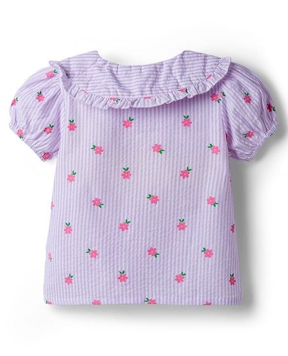 Babyhug Seer-Sucker Woven Half Sleeves Striped Top With Floral Print - Multicolor