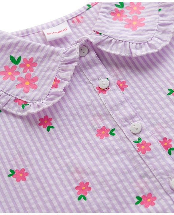 Babyhug Seer-Sucker Woven Half Sleeves Striped Top With Floral Print - Multicolor