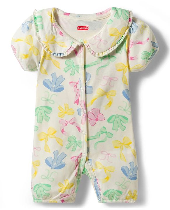 Babyhug 100% Cotton Knit Half Sleeves Front Open Romper with Floral Print - Multicolor