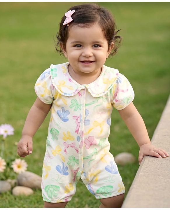 Babyhug 100% Cotton Knit Half Sleeves Front Open Romper with Floral Print - Multicolor