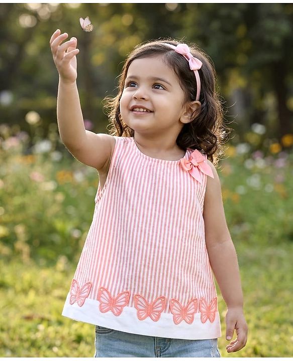 Babyhug Cotton Seer Sucker Woven Sleeveless Striped Top with Bow & Butterfly Applique - Multicolor