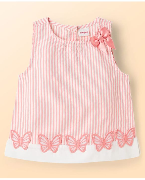 Babyhug Cotton Seer Sucker Woven Sleeveless Striped Top with Bow & Butterfly Applique - Multicolor