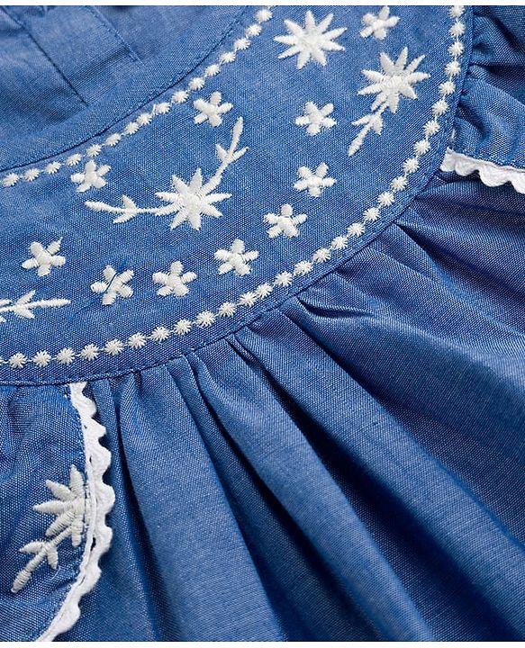 Babyhug 100% Cotton Chambray Woven Floral Embroidered Top - Blue