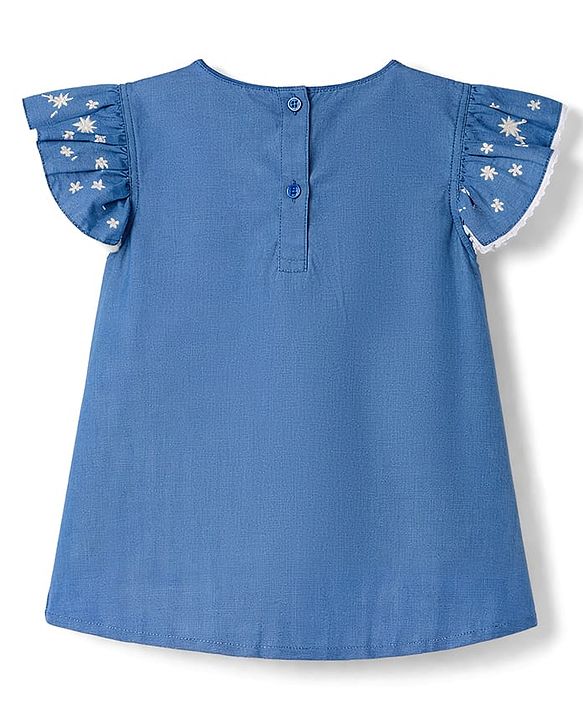 Babyhug 100% Cotton Chambray Woven Floral Embroidered Top - Blue