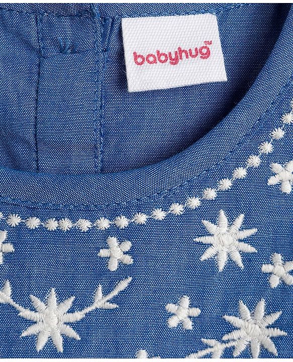 Babyhug 100% Cotton Chambray Woven Floral Embroidered Top - Blue