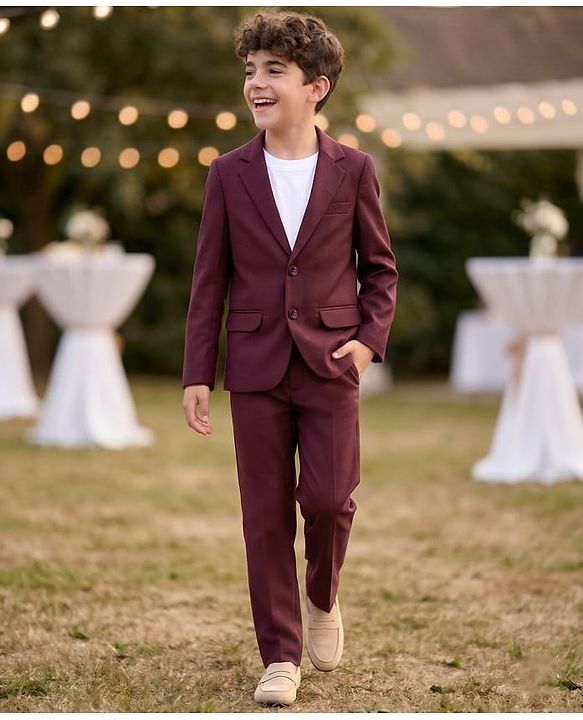 Pine Kids Knit Full Sleeves Solid Colour Party Blazer with T-Shirt & Trouser Set - Wine