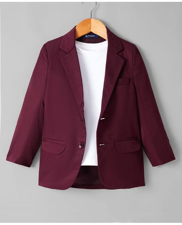 Pine Kids Knit Full Sleeves Solid Colour Party Blazer with T-Shirt & Trouser Set - Wine