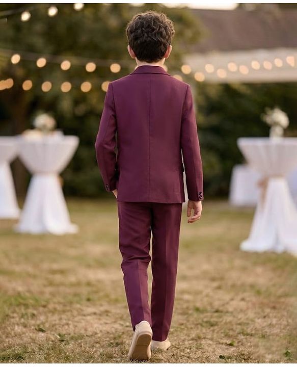 Pine Kids Knit Full Sleeves Solid Colour Party Blazer with T-Shirt & Trouser Set - Wine