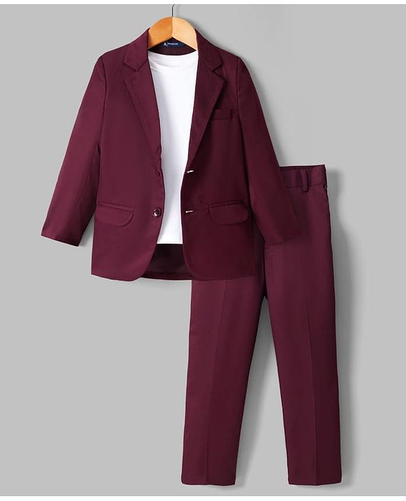Pine Kids Knit Full Sleeves Solid Colour Party Blazer with T-Shirt & Trouser Set - Wine