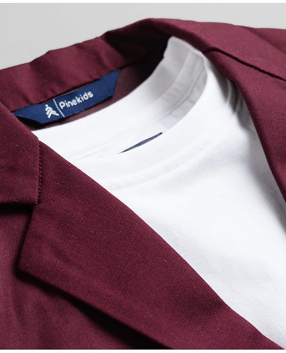 Pine Kids Knit Full Sleeves Solid Colour Party Blazer with T-Shirt & Trouser Set - Wine