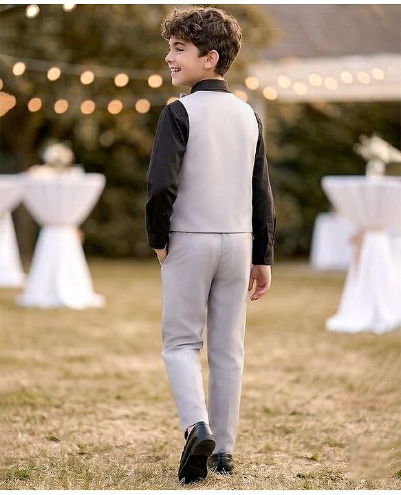 Pine Kids Knit Full Sleeves Solid Color 3 Piece Party Suit with Bow - Light Grey