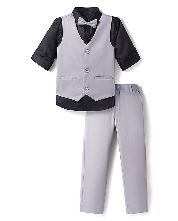 Pine Kids Knit Full Sleeves Solid Color 3 Piece Party Suit with Bow - Light Grey