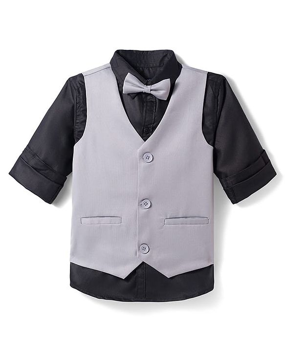 Pine Kids Knit Full Sleeves Solid Color 3 Piece Party Suit with Bow - Light Grey