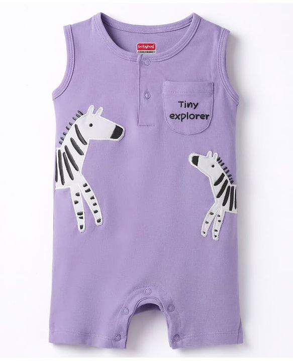 Babyhug 100% Cotton Knit Sleeveless Romper With Giraffe Patch - Multicolor