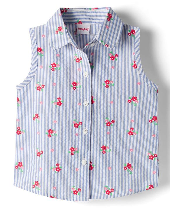 Babyhug Seer-Sucker Woven Sleeveless Striped Top with Floral Print - Multicolor