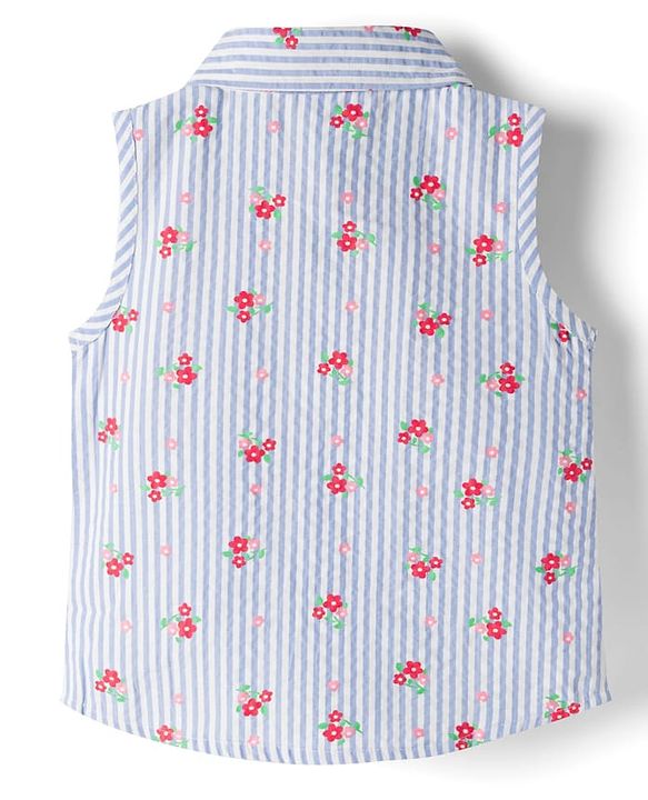 Babyhug Seer-Sucker Woven Sleeveless Striped Top with Floral Print - Multicolor